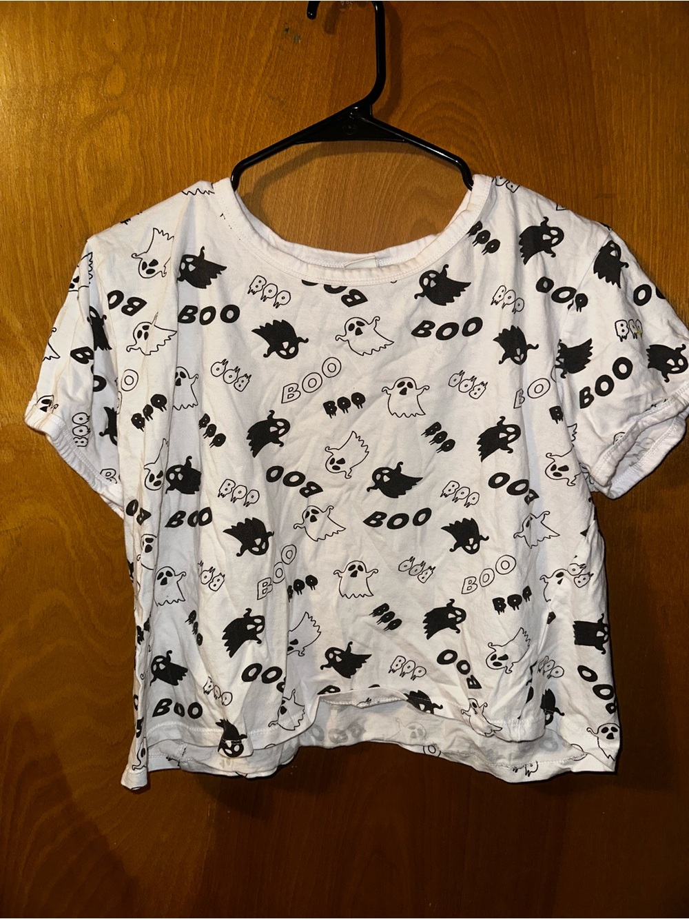 LA Luna White Halloween Ghost Crop Top Tee All-Over Print Boo Glow-In-The-Dark